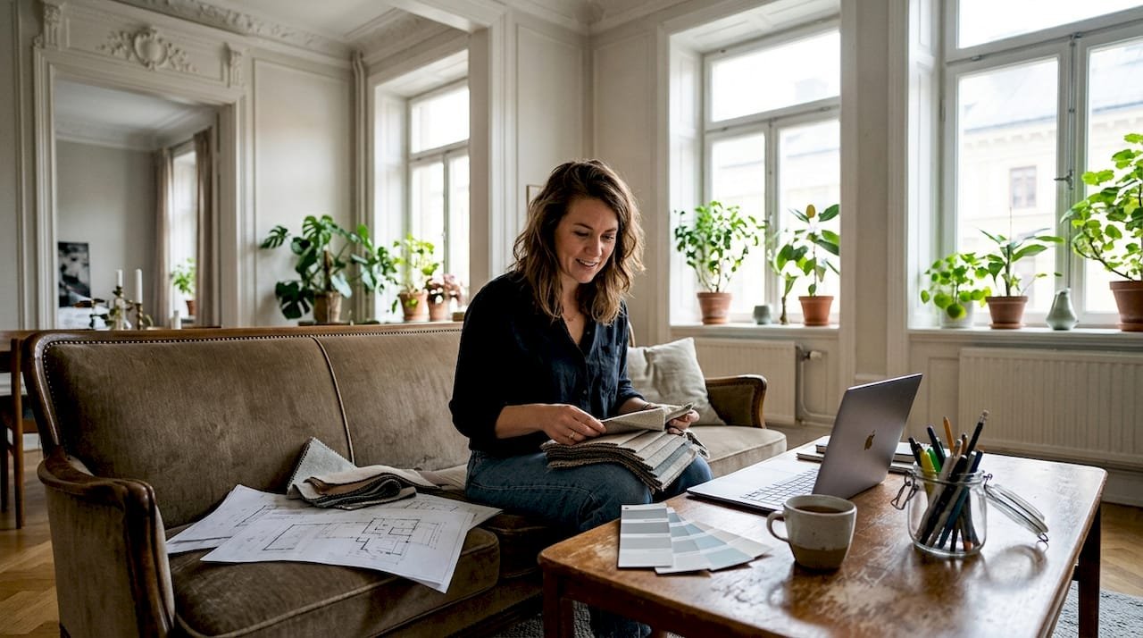 Arkitekten skissar på nya idéer i ett stilrent vardagsrum