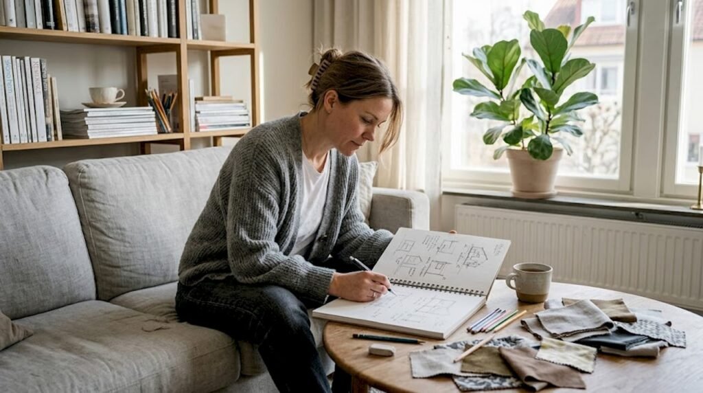 Inredaren sitter i vardagsrummet och skissar på nya idéer.