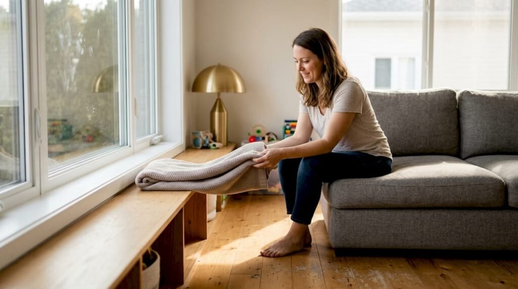 Ljust och trivsamt vardagsrum med platsbyggd hylla och mysig soffhörna