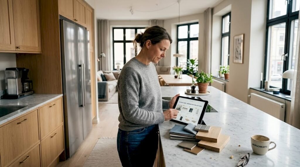 Kvinna som tittar på exklusiva materialval till sitt nya drömkök