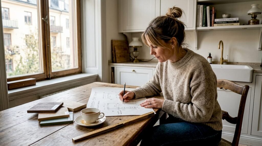 En köksdesigner sitter vid matbordet hemma och skissar på nya idéer.