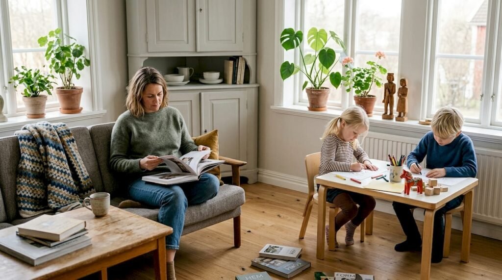 Kvinna hemma i ett vardagsrum med klassiskt svensk inredning