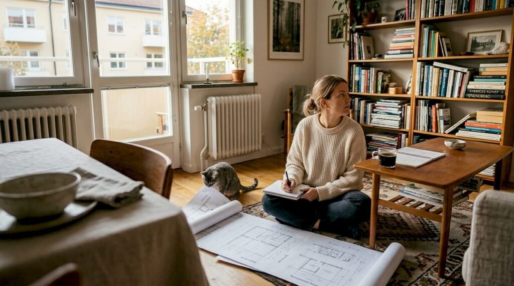 Någon funderar på hur de vill inreda sitt vardagsrum i svensk stil.