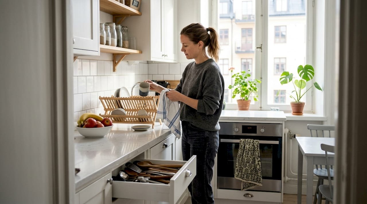 En kvinna står och arbetar vid en köksbänk som är utformad för att vara extra bekväm och ergonomisk.