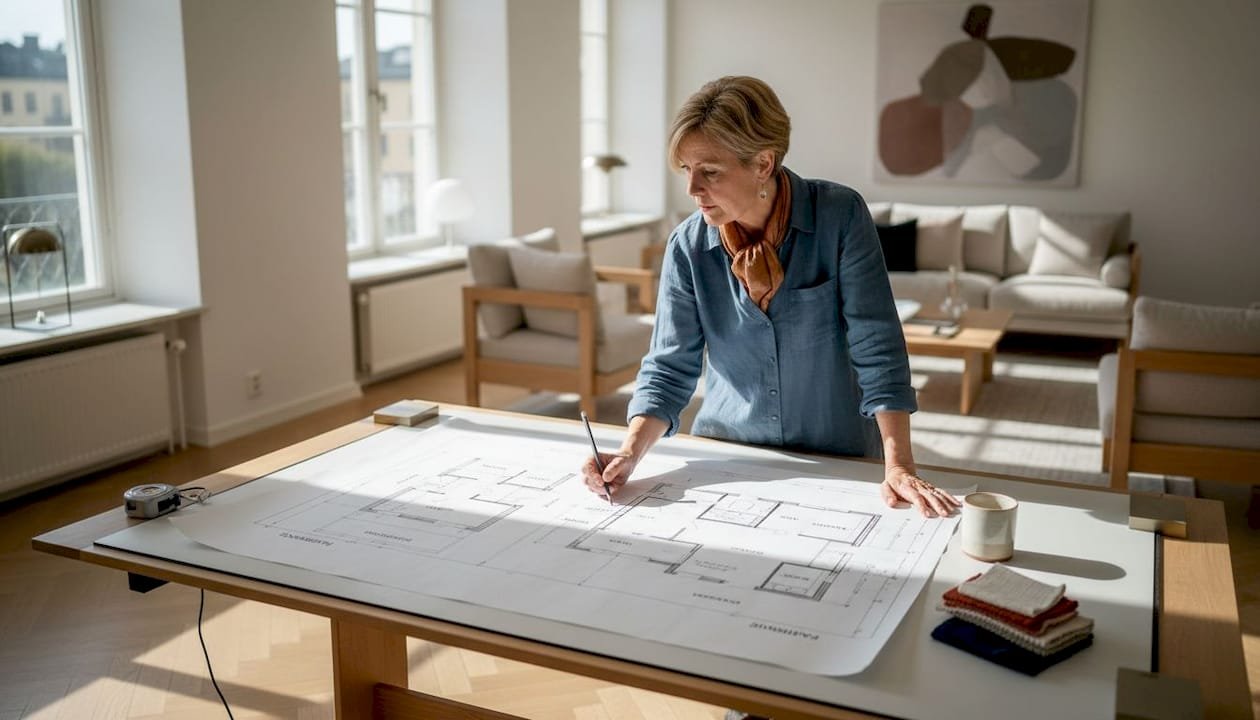 Arkitekten går igenom ritningarna i ett elegant vardagsrum