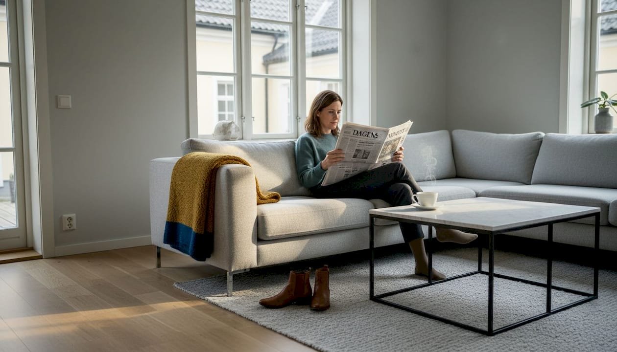 Kvinna njuter av en kopp te i ett modernt, skandinaviskt vardagsrum
