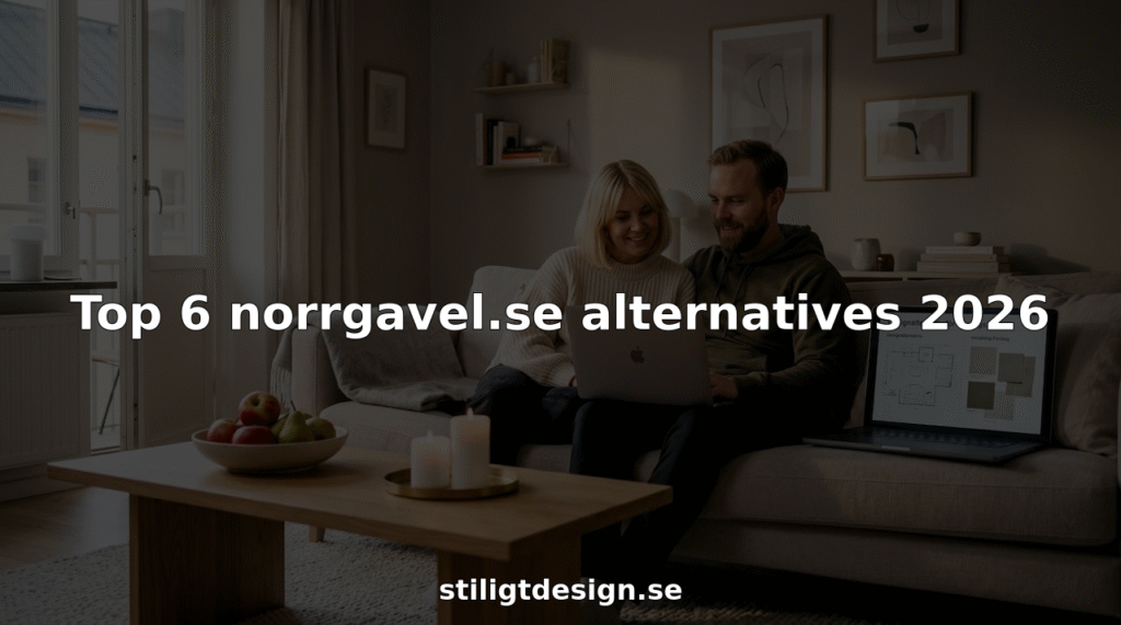 Ett par sitter i vardagsrummet och bläddrar bland skandinaviska möbelalternativ på surfplattan.