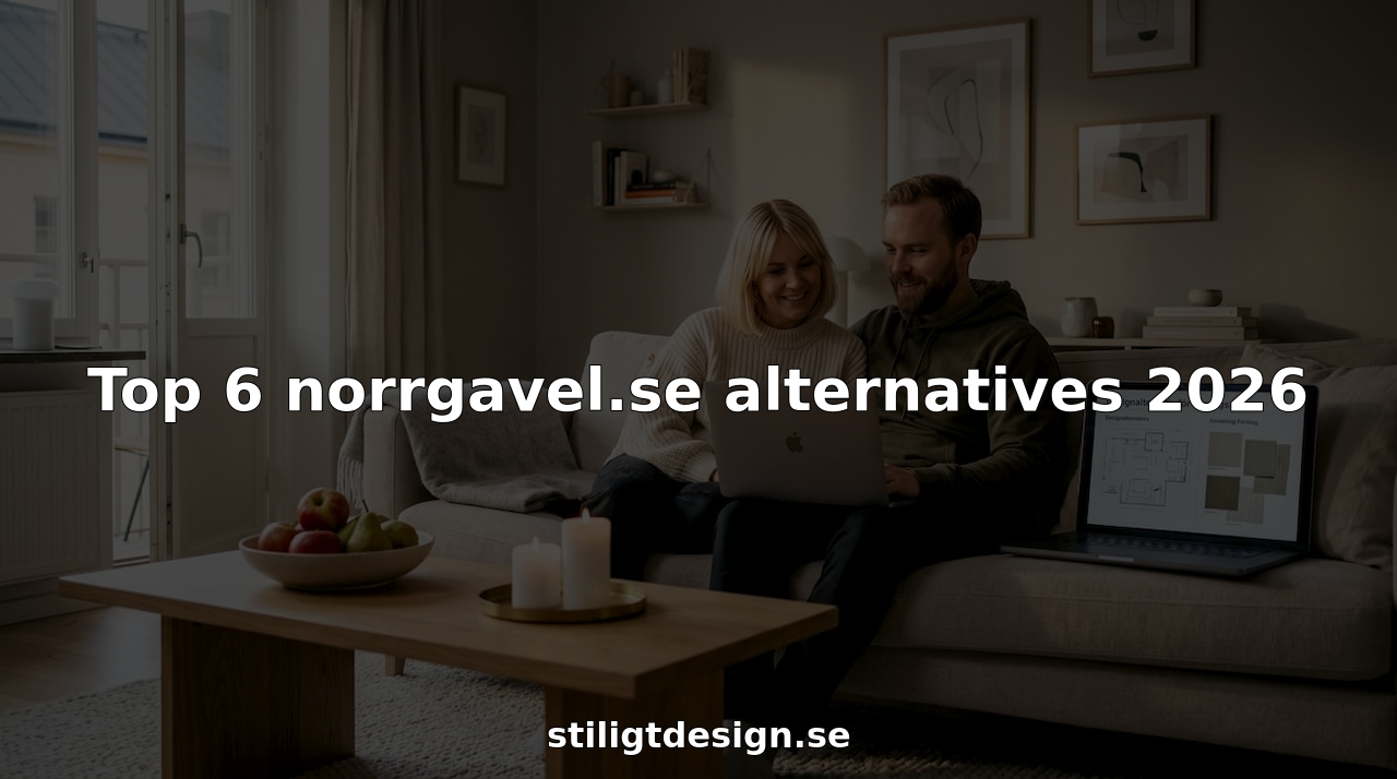 Ett par sitter i vardagsrummet och bläddrar bland skandinaviska möbelalternativ på surfplattan.