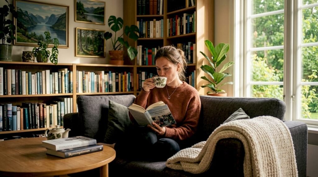 En kvinna sitter och läser en bok i ett ljust och trivsamt vardagsrum.