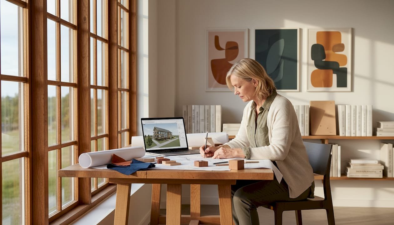 En arkitekt sitter vid sitt ekbord och arbetar med detaljritningar.