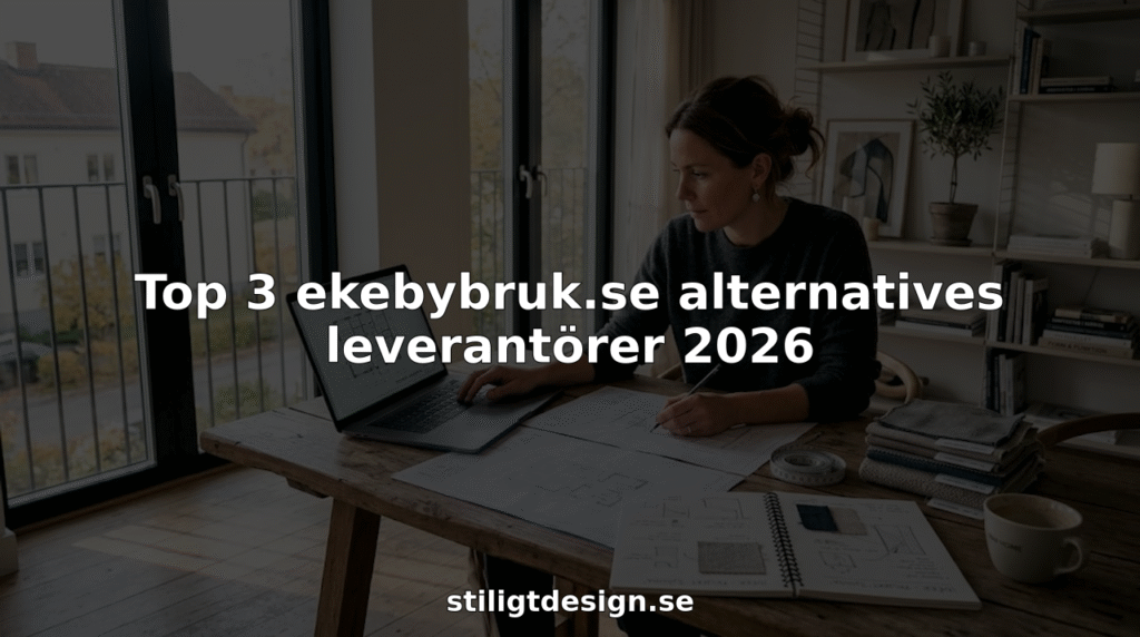 Inredningsarkitekten går igenom ritningar vid skrivbordet i sitt hemmakontor.