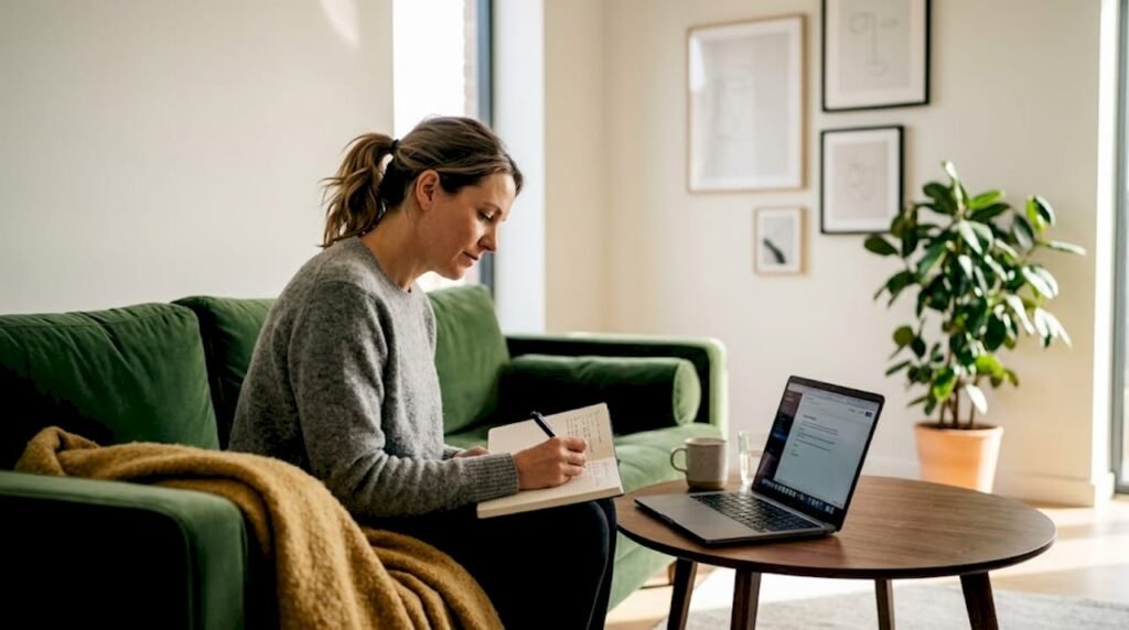 En person sitter och jobbar vid sin laptop i ett ljust, skandinaviskt vardagsrum.