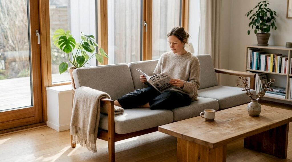 En kvinna sitter och läser på en retrosoffa i ett soligt vardagsrum.
