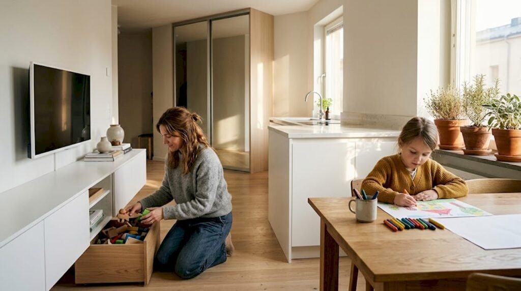 Någon sorterar leksaker och skapar ordning i ett praktiskt vardagsrum.