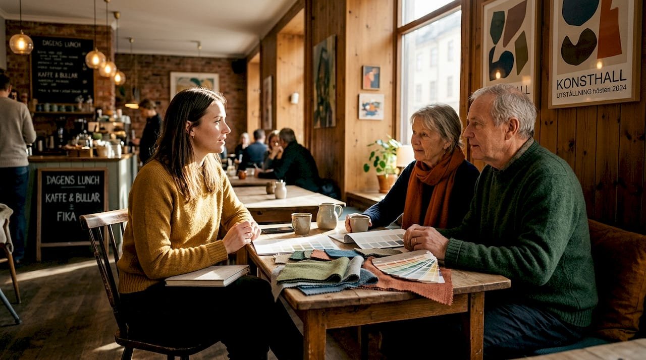 En inredningsdesigner diskuterar inredningsidéer med ett par i deras vardagsrum.