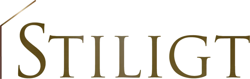 Stiligt - Texten "STILIGT" i ett serif-teckensnitt med en subtil metallisk glans.