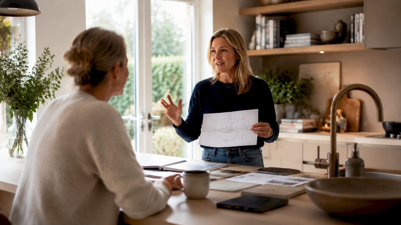 En person sitter vid matbordet och planerar sin kommande köksrenovering.