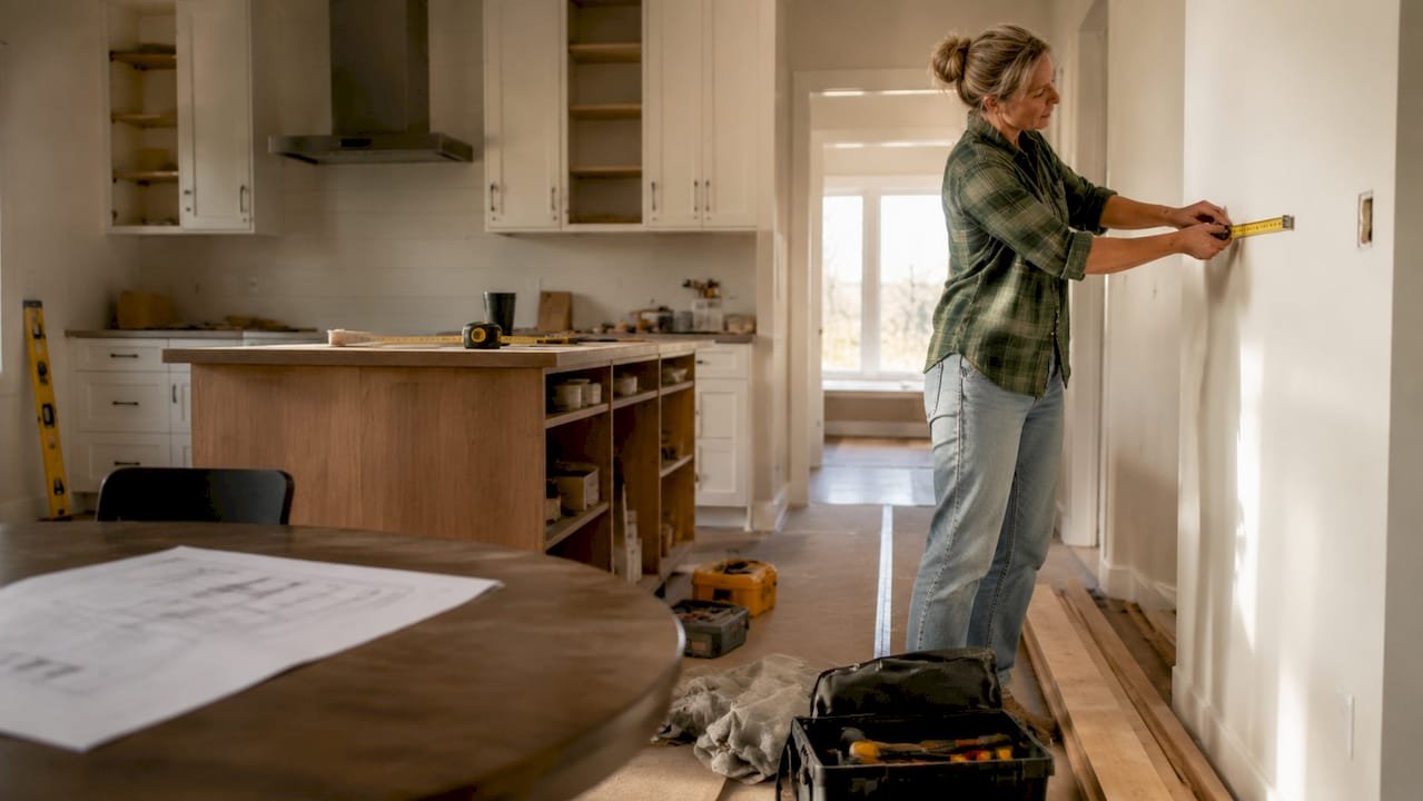 En kvinna mäter upp väggen inför en ny köksrenovering.