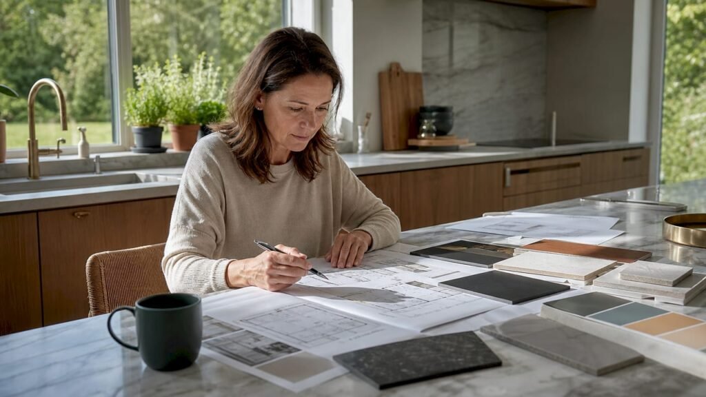 En kvinna g&aring;r noggrant igenom ritningarna inf&ouml;r sin k&ouml;ksrenovering.