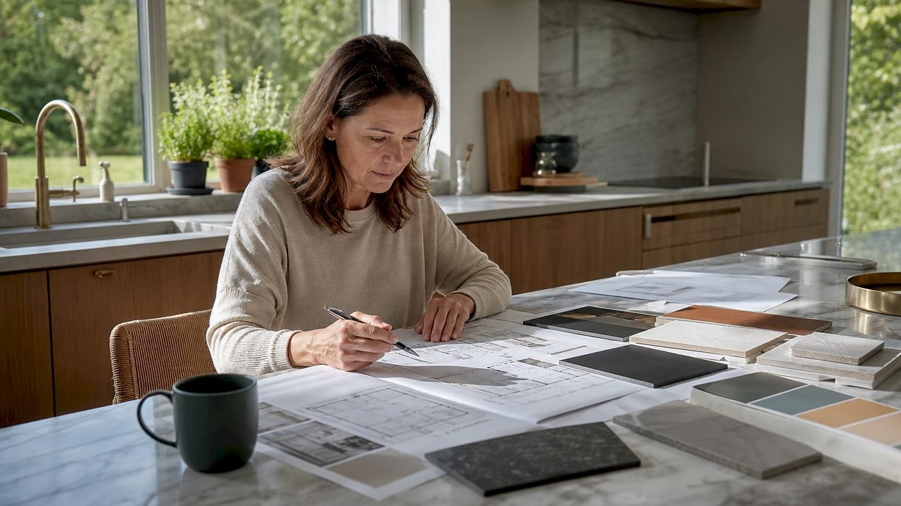 En kvinna går noggrant igenom ritningarna inför sin köksrenovering.