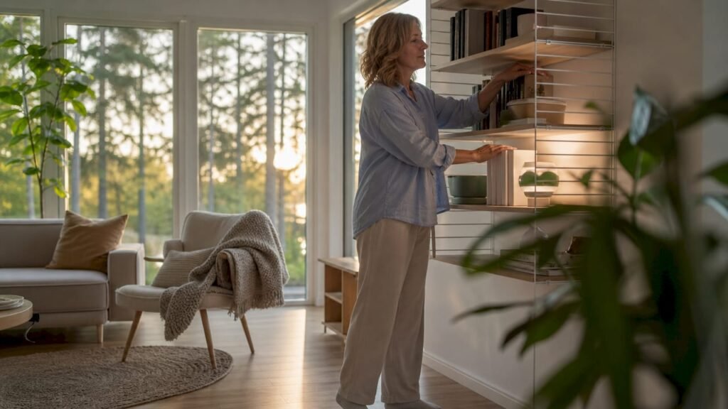 En kvinna fixar smart och ergonomisk f&ouml;rvaring i sitt k&ouml;k.