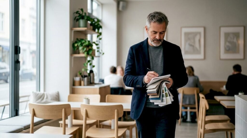 En inredare g&aring;r igenom ritningar och materialprover inf&ouml;r ett nytt k&ouml;ksprojekt.