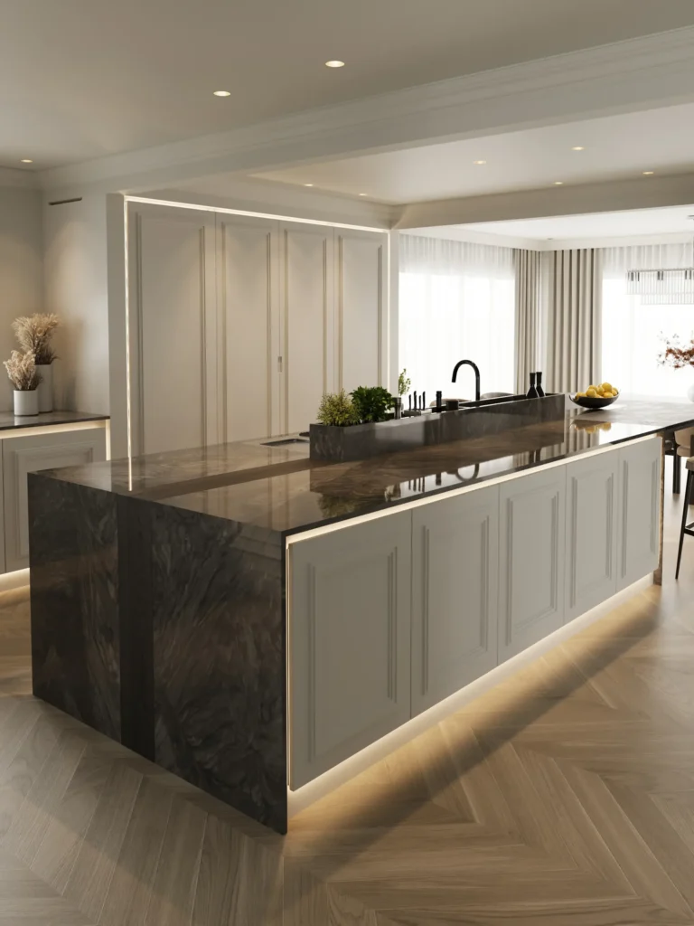 Stiligt - Ett modernt kök med en stor köksö i marmor, inbyggd diskho, belysning under skåpen, ljusa trägolv och minimalistisk inredning. Naturligt ljus strömmar in genom stora fönster.