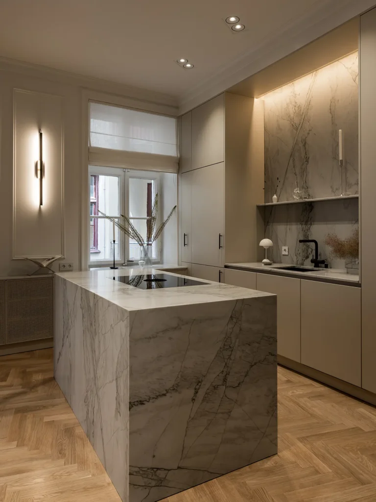 Stiligt - Ett modernt kök med en köksö i marmor, beige köksskåp, inbyggda vitvaror, trägolv i fiskbensmönster och naturligt ljus från ett fönster.