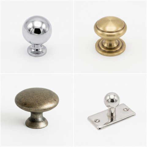 Stiligt - Fyra olika skåpknoppar i metall, perfekta för en shakerkök-stil, visas i ett 2x2-rutnät, var och en med en egen ytbehandling: krom, mässing, antik och polerat silver på en rektangulär bas, alla mot en vit bakgrund.
