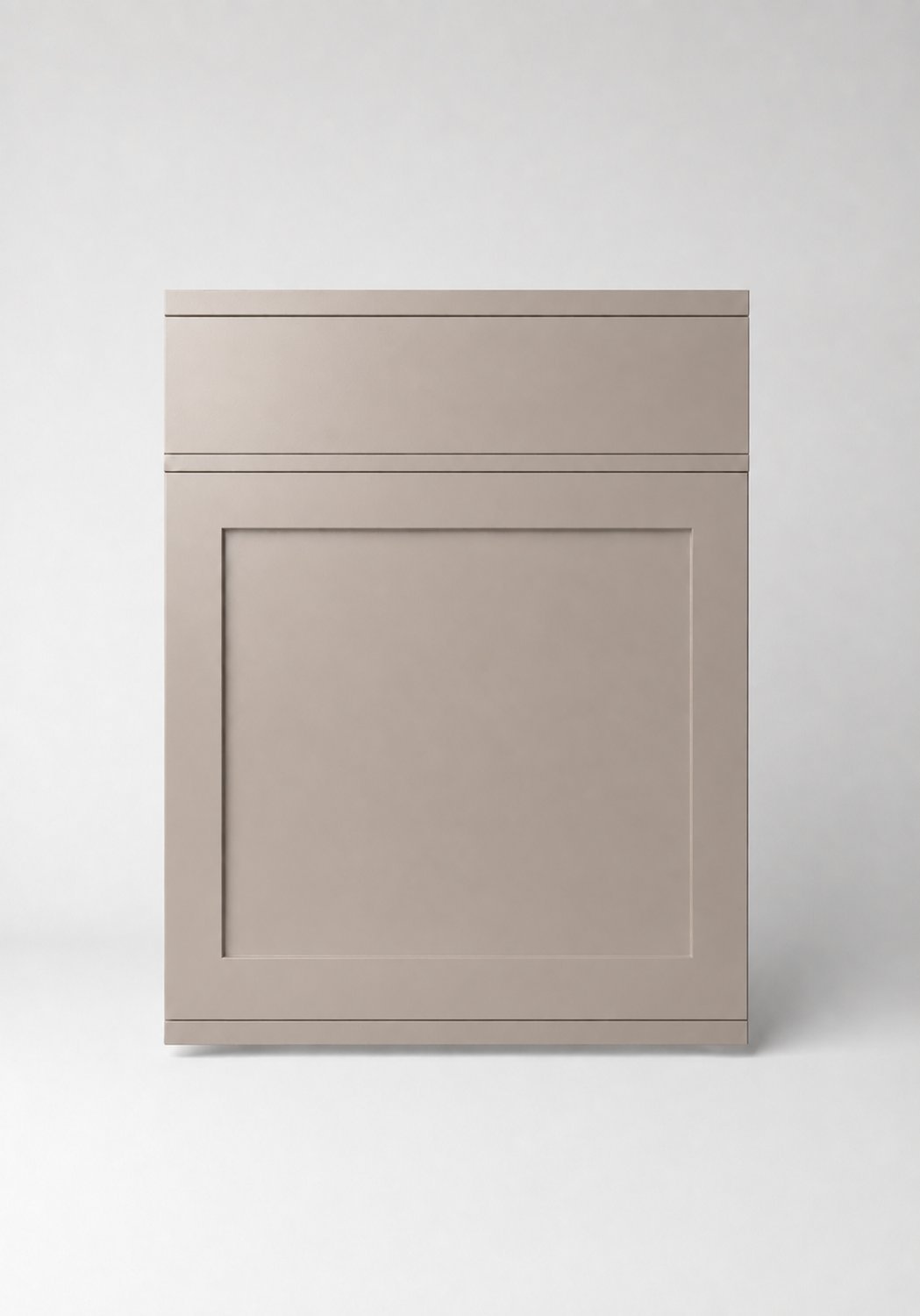 Stiligt - Ljusgrå skåpdörr i shaker-stil med en plan mittpanel och en enkel rektangulär ram, mot en enfärgad vit bakgrund.