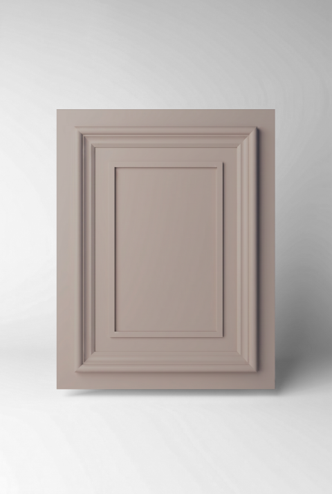 Stiligt - Rektangulär beige skåpdörr med upphöjd panel mot en slät ljusgrå bakgrund.