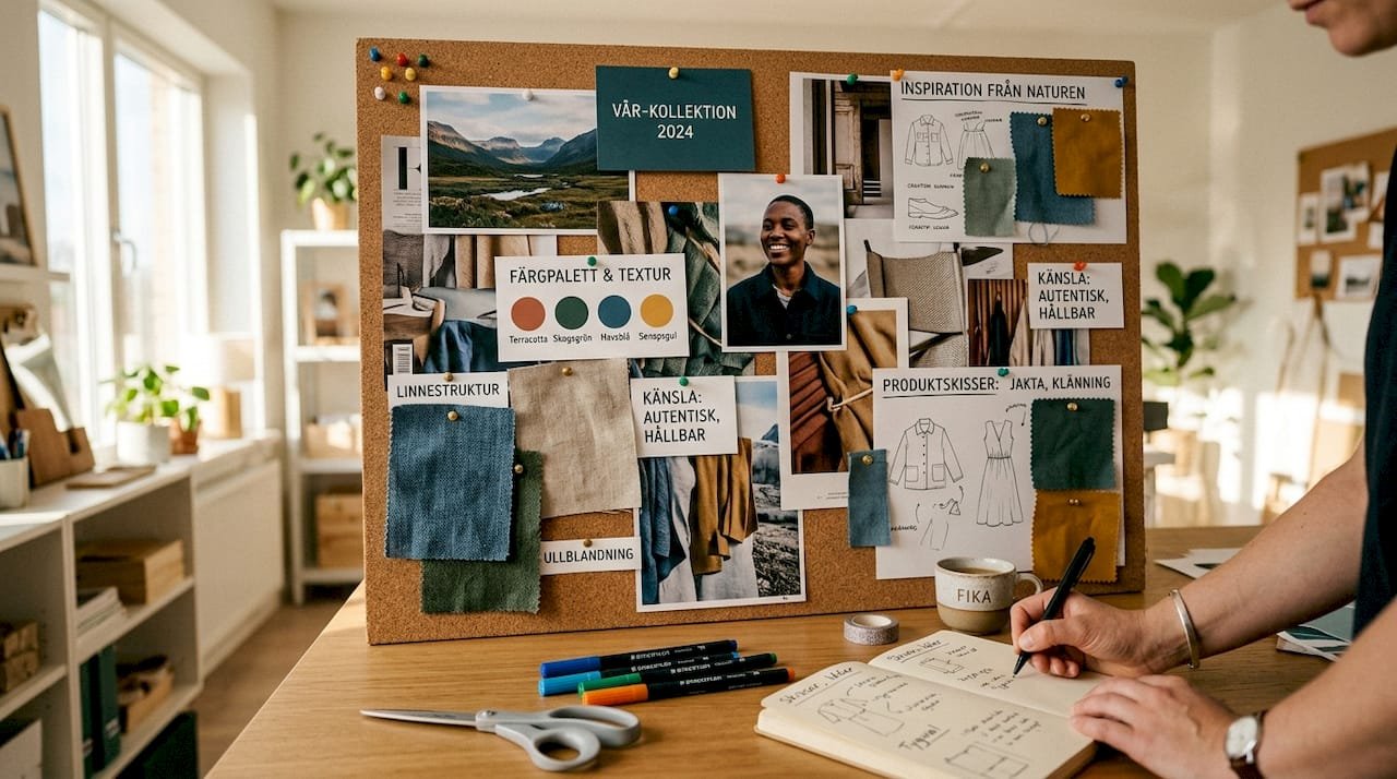 Närbild på en inspirerande moodboard fylld med olika material
