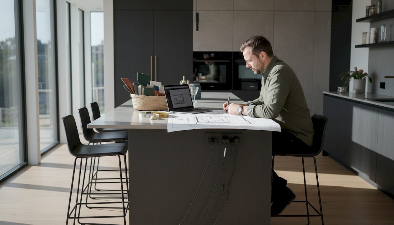 En köksdesigner tar fram en exklusiv kökslösning och skissar upp planerna vid köksön.