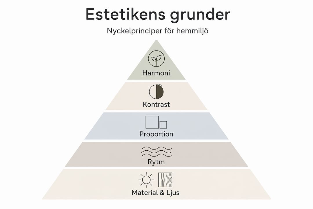 Översiktlig infografik som förklarar grunderna i inredningsestetik, steg för steg