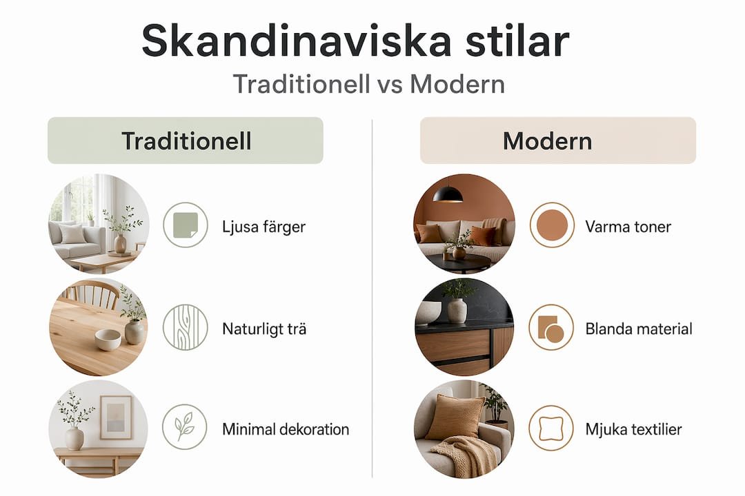 Grafisk översikt som belyser skillnader och likheter mellan klassisk och nutida skandinavisk inredningsstil