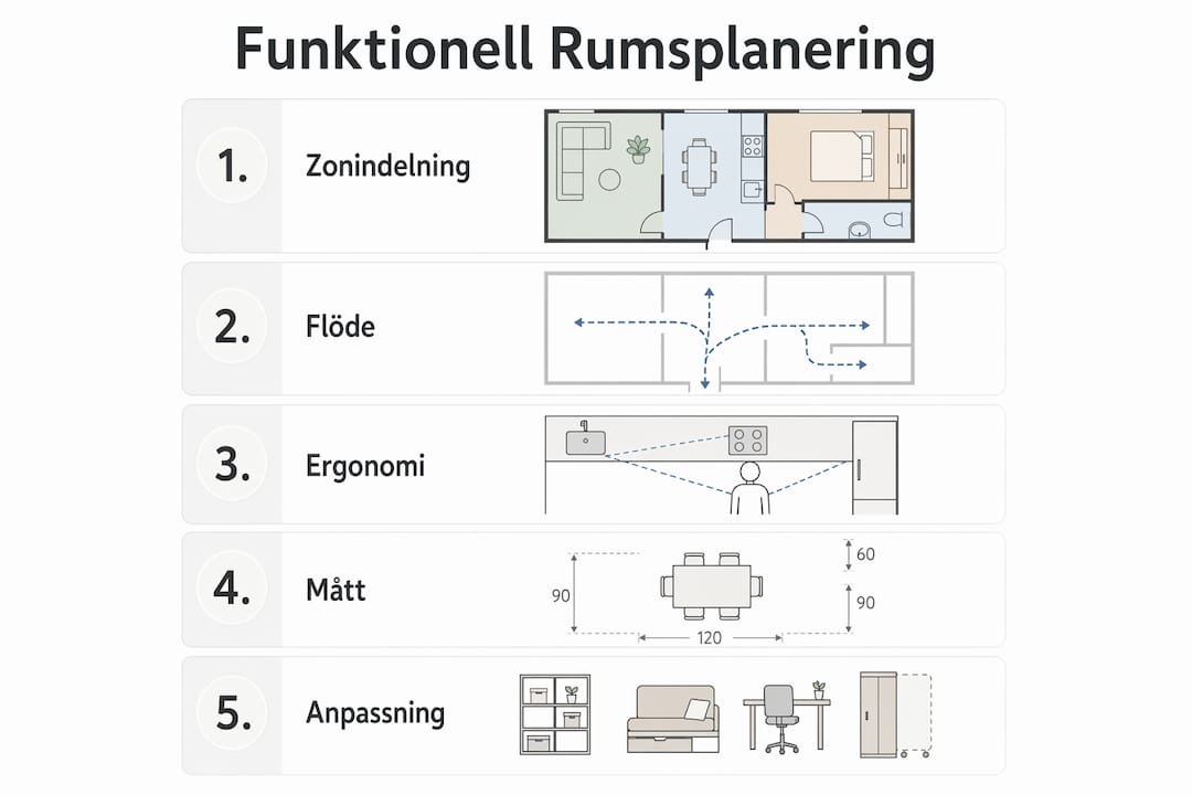 En illustrerad guide med fem smarta steg för att planera rum som fungerar i vardagen