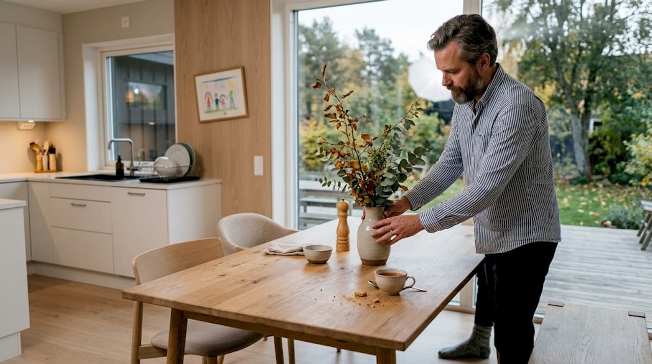 Man fixar och planerar de små vardagssysslorna i köket hemma i Sverige.