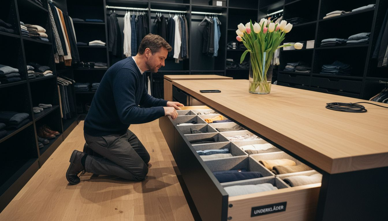 Man som organiserar sina klädlådor med hjälp av ett smart förvaringssystem